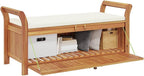 Solid Acacia Wood Patio Storage Bench 49.6 Inch | With Cushion, Curved Arms, Ample Storage for Pillows and Blankets, Assembly Manual Included