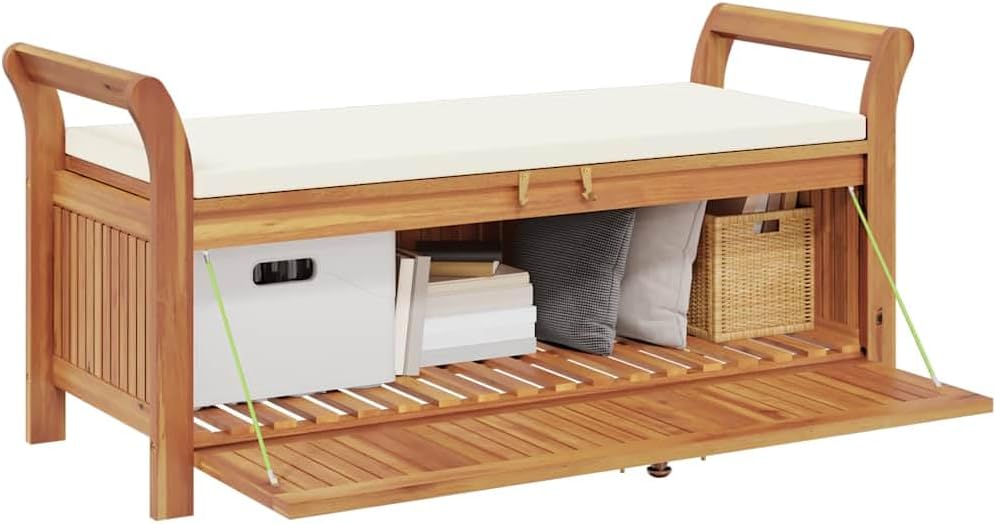 Outdoor Storage Bench with Cushion, Solid Acacia Wood Garden Seating for Patio, Porch, Deck, Cream White, 49.6 Inch Length