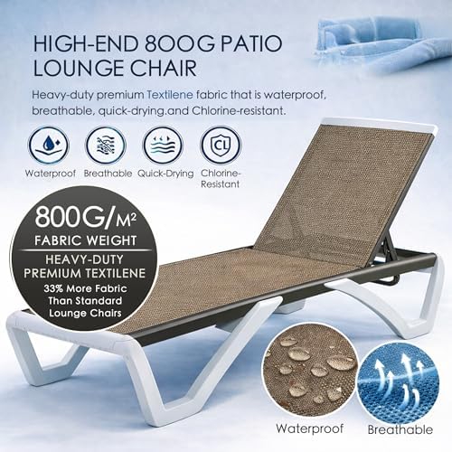 Kozyard Outdoor Chaise Lounge Chair, Full Flat Adjustable Patio Lounger with Aluminum Frame & Resin Legs, Textilene Fabric for Poolside, Backyard & Beach (Beige, Chair)