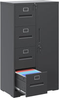 File Cabinet 4 Drawer, Vertical File Cabinet with Lock and 1 Door, File Cabinet with Storage Shelves for A4 Legal/Letter, Assembly Required (Black)