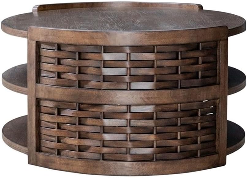 Pemberly Row 3 Piece Living Room Table Set, Rubberwood and Oak Veneer, Coffee Brown Finish, Includes Oval Cocktail Table with Casters and 2 Round End Tables, Basketweave Design, Shelves, Contemporary