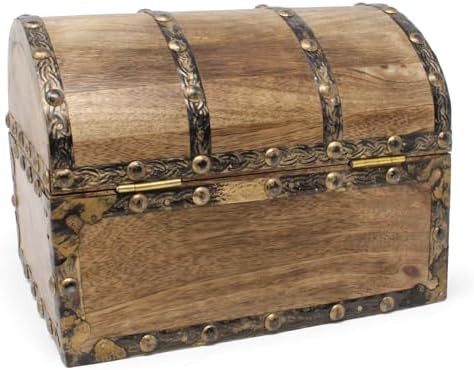 Nautical Cove Antiqued Finished Wood Treasure Chest with Decorative Rivets and Reinforcing Iron Strips with Lock and Skeleton Keys (Light Antique, Small 8 x 6 x 6)