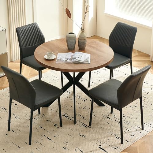 Modern Dining Chairs Set of 4, PU Leather Comfortable Upholstered Dining Room Kitchen Side Chair with Black Metal Legs for Living Room Restaurant, Waterproof, Space-Saving (Grey)