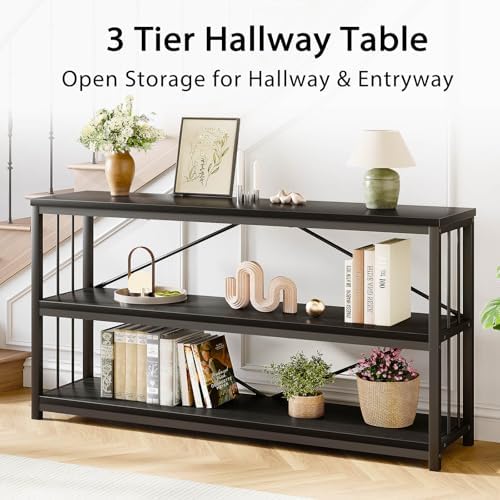 LVB Farmhouse Industrial Console Table for Home, Black Oak, 70 Inch | Wood Metal Foyer Entryway Sofa Tables with Storage, 3 Tier Long Rustic Entry Table TV Stand with Shelves for Home Living Room