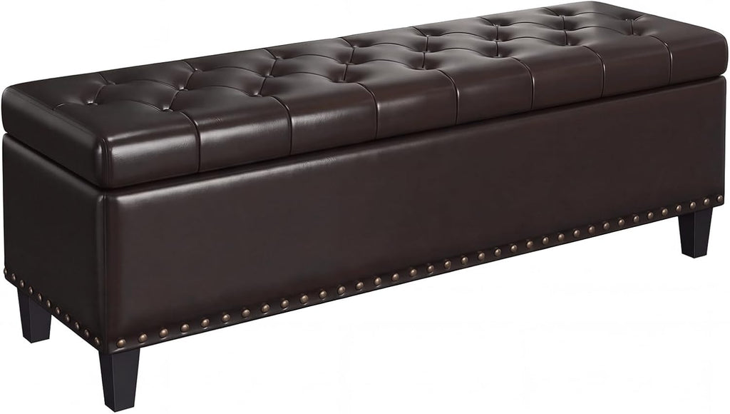 FiveWillowise 51 Inch Storage Ottoman Bench,Large End of Bed Storage Bench | Faux Leather Ottoman with Storage,30 Gallons,Upholstered,with Nailhead Trim,Legs,for Bedroom,Living Room,Entryway,Chocolate