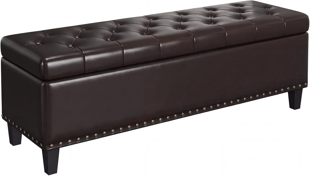 FiveWillowise 51 Inch Storage Ottoman Bench,Large End of Bed Storage Bench | Faux Leather Ottoman with Storage,30 Gallons,Upholstered,with Nailhead Trim,Legs,for Bedroom,Living Room,Entryway,Chocolate