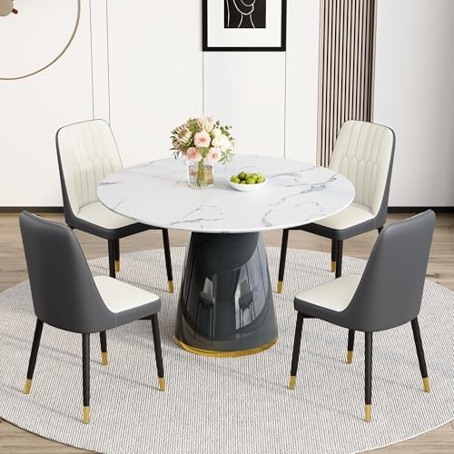 Round Dining Table Set for 4, 45''Marble Grain Dining Room Table Set for 4 with Upholstered Chairs, Modern Dinner Table Set for Kitchen Dining Room