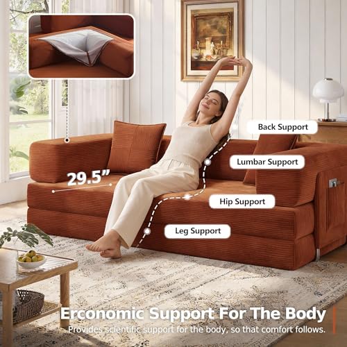 MoonSpeak 78.8'' Futon Sofa Bed, Couches for Living Room | Corduroy Convertible Futon Sofa Bed with Storage Pocket, Modular Sleeper Couch in a Box, No Assembly (Rust Red)