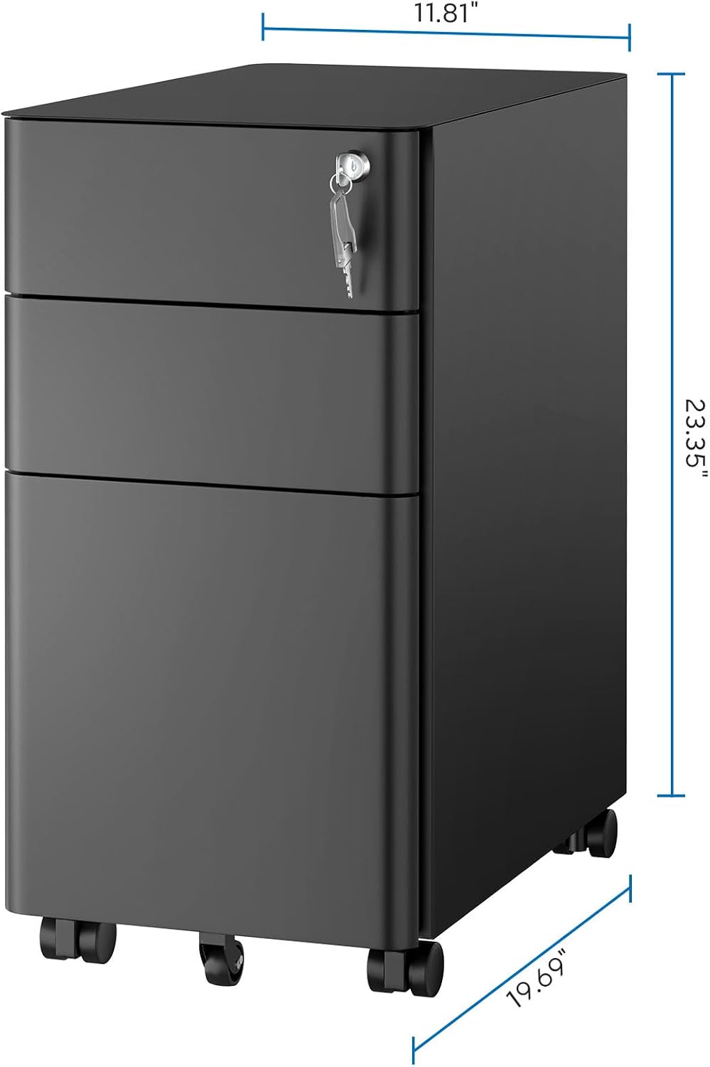 Mount-It! Slim 3 Drawer Rolling File Cabinet with Lock, Mobile Metal Filing Cabinet on Wheels for Under Desk Home & Office Storage, Letter Legal A4, Black