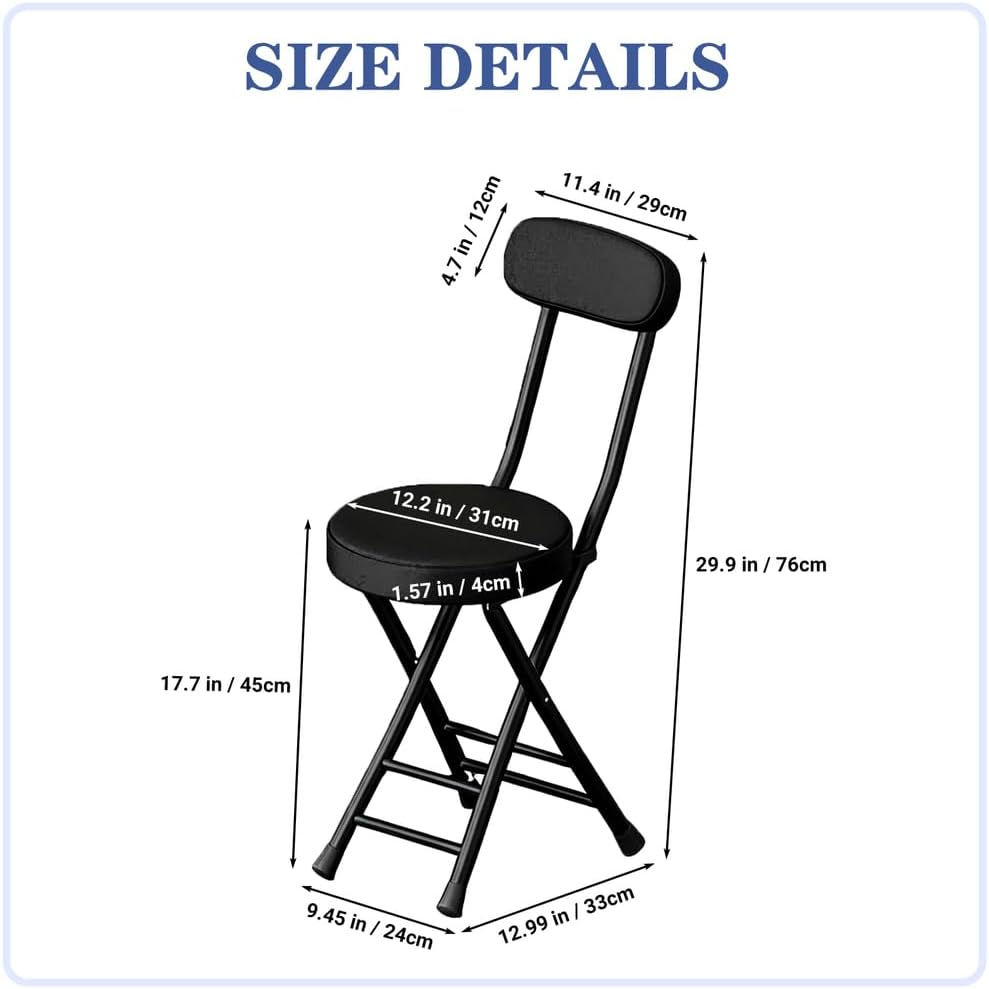 Folding Stool with Back, Padded Leather Round Foldable Stool, Foldable Bar Chairs, Round Portable Collapsible Stool for Gardening Kitchen Camping Cafe Indoor Outdoor,Black