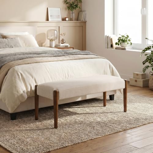 Usaint 42" End of Bed Bench with Wood Legs, Beige with Walnut Leg | Modern Upholstered Bedroom Bench with Rubberwood Legs, Entryway Bench with Cushion, Dining Bench for Living Room, Bedroom