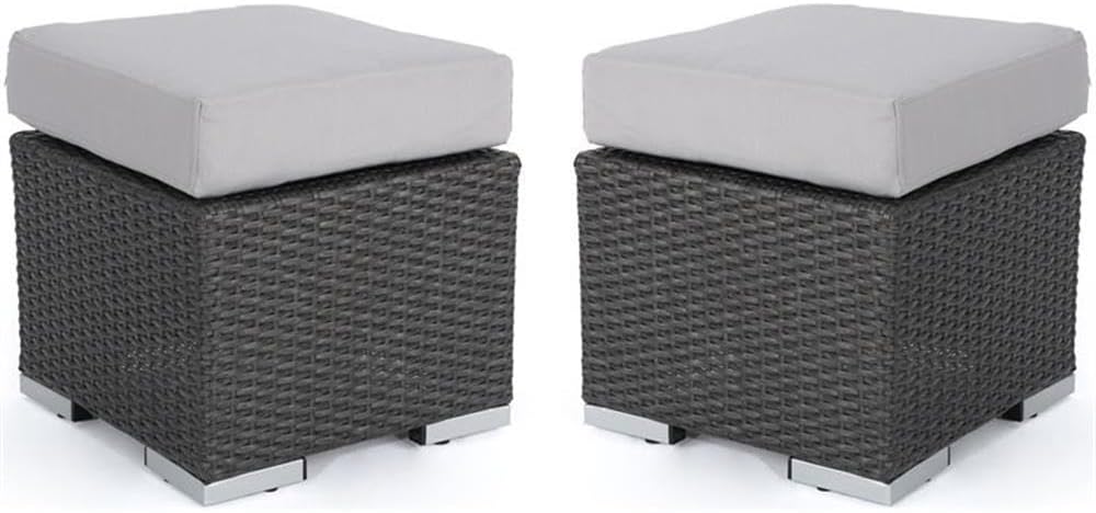 Great Deal Furniture Noble House Santa Rosa 16" Grey Wicker Ottoman Seat w/Silver Cushion (Set of 2)