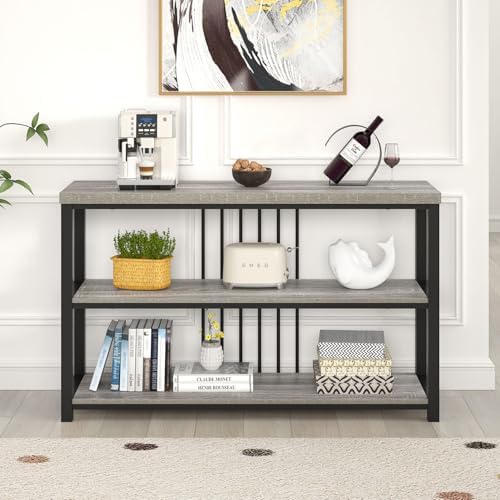 FOLUBAN Console Tables for Entryway, Sofa Table with 3 Tier Storage for Living Room Hallway Foyer Behind Couch, Rustic Light Grey