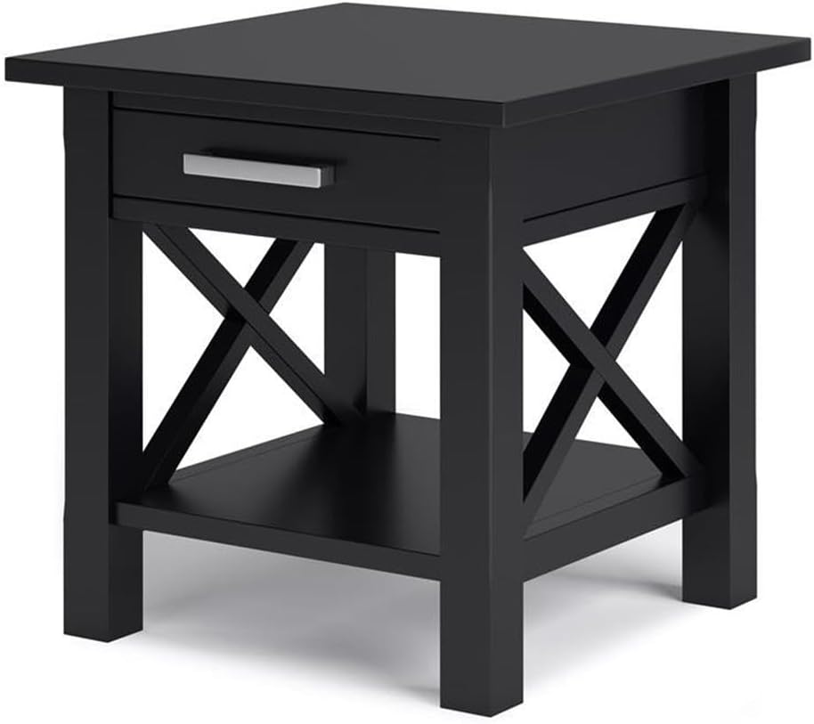 Pemberly Row Solid Wood End Table with Storage, Black Finish, 20.5" W x 20.5" D x 20" H, One Drawer and Shelf, Square Contemporary Design, Living Room or Bedroom Side Table