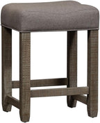 Pemberly Row 4 Piece Living Room Table Set, Pine Wood Console Bar Table w/Weathered Taupe Finish, Knotty Pine Veneers, USB & Power Ports, Linen Upholstered Stools, Space-Saving Multitasking Behind