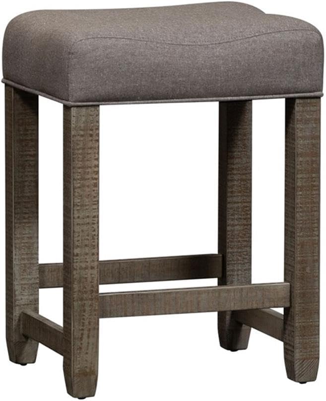 Pemberly Row 4 Piece Living Room Table Set, Pine Wood Console Bar Table w/Weathered Taupe Finish, Knotty Pine Veneers, USB & Power Ports, Linen Upholstered Stools, Space-Saving Multitasking Behind