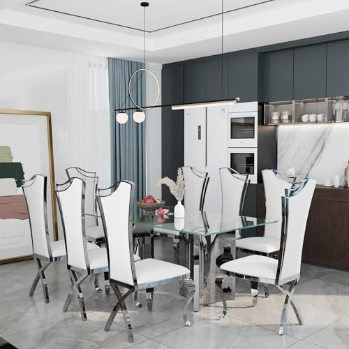 Asday Dining Chairs Set of 6, White Faux Leather and Silver Streamlined High Back Dining Room Chairs with Curved and X Stainless Steel Legs
