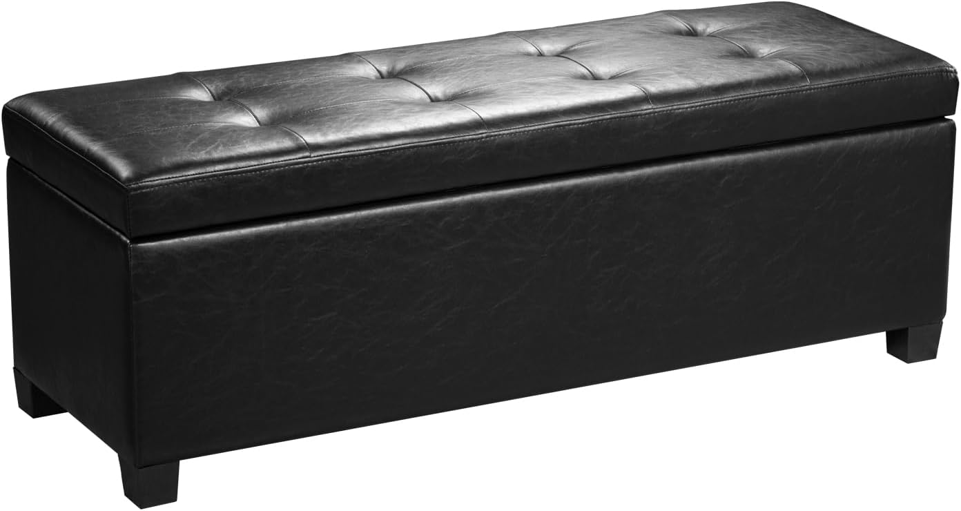 Asense Storage Ottoman Bench,42 inch Wide Upholstered Faux Leather Rectangular Ottoman with Legs,Safety Hinge Storage Bench for Living Room,Bedroom,Entryway