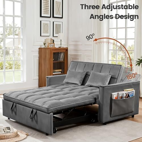 Sleeper Sofa Bed with Adjustable Backrest & Side Pockets, Gray | Adjustable Backrest & Side Pockets,Pull Out Sofa,Comfortable Fabric