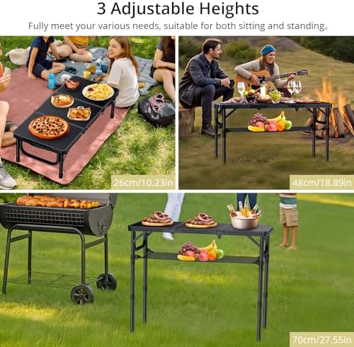 Anbte Folding Camping Table with Storage Net, 3ft Portable Table, 35" x 16" | Aluminum Folding Table, 3 Adjustable Height Max 27.5", Picnic Table For Indoor Outdoor Backyard Travel Tailgate, Pure Black