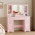 BORNOON Vanity Desk with Lights, Large LED Mirror with 3 Color Modes, Makeup Vanity with Power Outlet & USB Ports, 6 Drawers & 2 RGB Glass Cabinets, Farmhouse Dressing Table for Women & Girls (Pink)