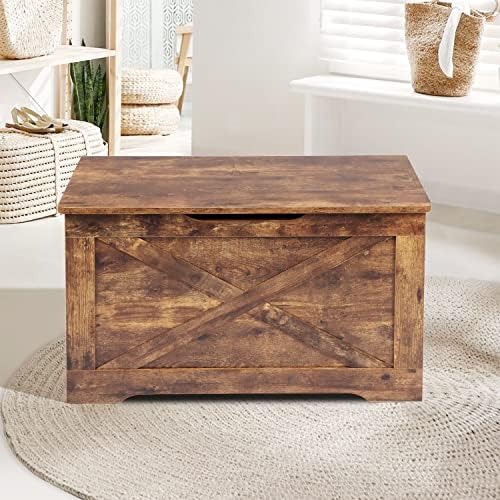 Timberer 31.5" Storage Chest, Wooden Storage Bench, Entryway Shoes Bench | Storage Trunk with 2 Safety Hinges, for Living Room, Bedroom, 15.7 x 31.5 x 18.9 Inches, Rustic Brown