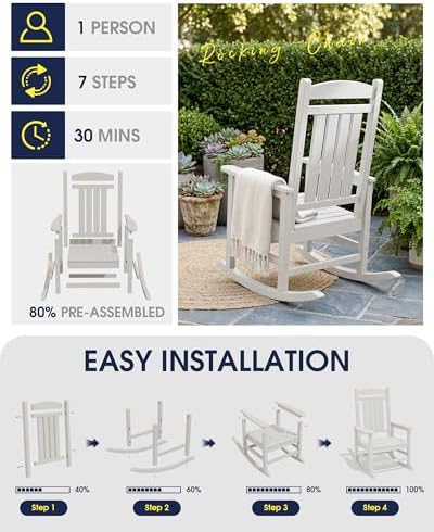 KINGYES Oversized Outdoor Rocking Chairs Set of 2, HDPE Porch Rocker, White | - Rocking Chairs for Outdoor with Wide Seat - 350LBS Support for Adults