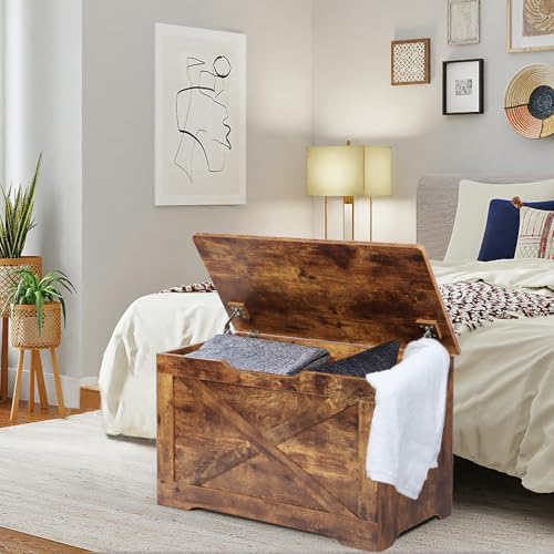 Timberer 31.5" Storage Chest, Wooden Storage Bench, Entryway Shoes Bench | Storage Trunk with 2 Safety Hinges, for Living Room, Bedroom, 15.7 x 31.5 x 18.9 Inches, Rustic Brown