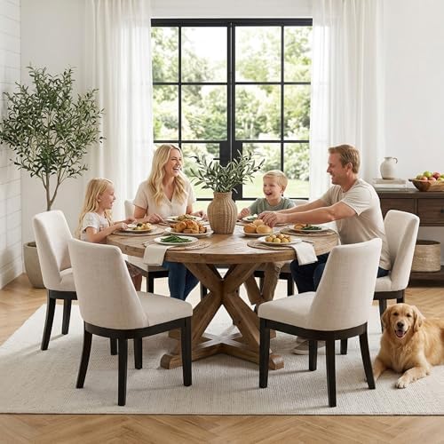 HNY Beige Linen Dining Chairs Set of 6, Soft Upholstered Dining Room Chairs | Comfortable Back Support, Black Brushed Solid Wood Legs, Modern Farmhouse Kitchen Chairs for Living Room, Home, Apartment