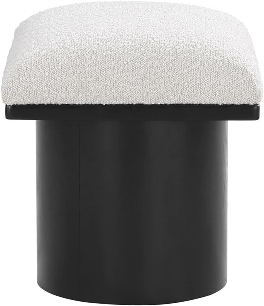 MAKLAINE Cream Boucle Fabric Bench/Stool, 15.5" W x 18" D x 17.5" H, Oak Veneer with Black Finish, 4" Thick Channel-Tufted Seat Cushion, Art Deco Design, Modular Living Room or Entryway Seating