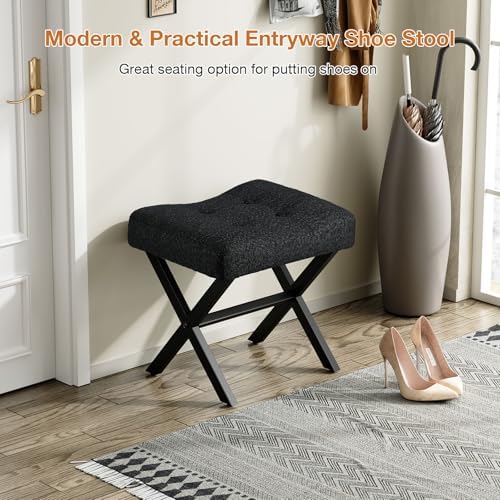 Memobarco 18-Inch Large Vanity Stool Chair, Black Makeup Stool | Teddy Flannel Vanity Bench, Metal X-Leg, 350 LBS, 20"x16.9"x18", Ottoman Accent Stool, Breathable Soft Padded Saddle Seat