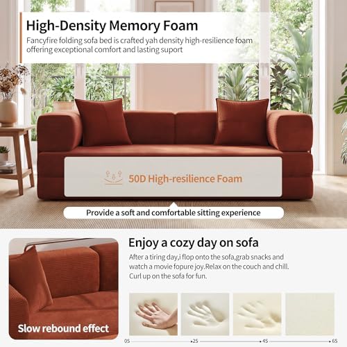 78.8" Couch for Living Room, Futon Sleeper Sofa Bed | Convertible Sofa Bed, Corduroy Pull Out Couch Loveseat with Storage Pocket, Modular Design, No Assembly, Orange