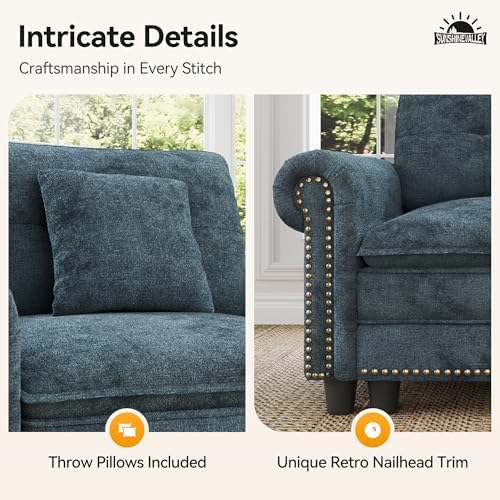 SUNSHINE VALLEY Modular Sectional Sofa Set Living Room 3-Piece Deep Seats | Mid-Century Modern 6-Seater Cloud Couch Set, Cyan, Rolled Arms & Nailhead Trim, Wider & Deeper Seats, Chenille Furniture Set