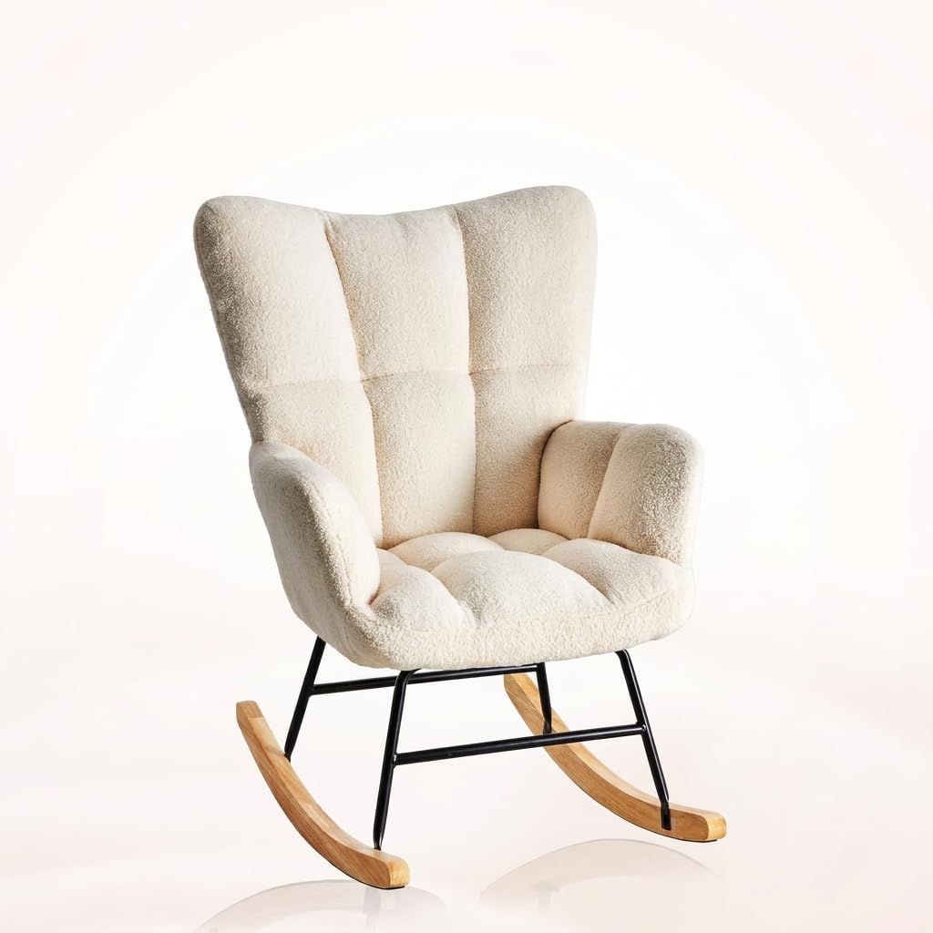 Teddy Upholstered Wingback Rocking Chair, Soft Padded Indoor Reading Glider Chair for Living Room and Bedroom, Beige