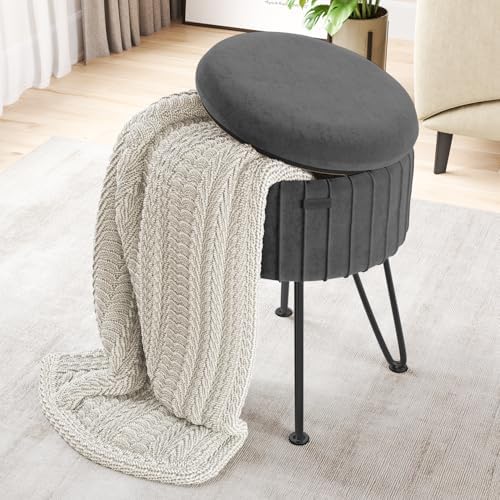 Round Ottoman with Storage, Pleated Velvet Storage Ottoman, Foot Stool Ottomans, Makeup Vanity Stool, Small Ottomans Foot Rest, Modern Vanity Stools for Living Room and Bedroom, Grey