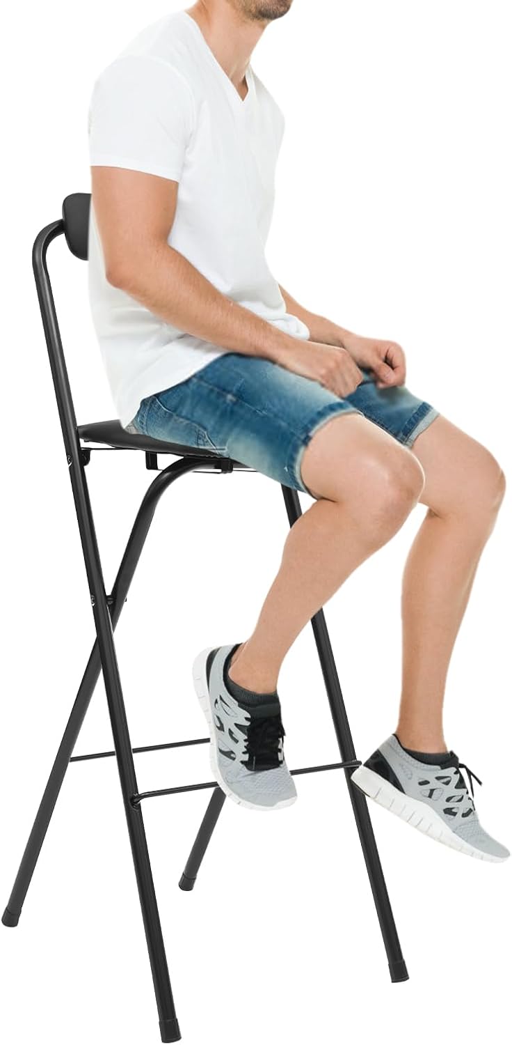 LOYALHEARTDY 1 Pcs Folding Stool, 29.5 in Folding Counter Height Bar Stool with Backrest Cushioned Padded Folding Stool Portable Bar Stool for Camping Kitchen Home Office (Black, 29.5 in)
