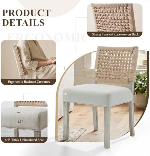 chairus upholstered Dining Chairs Set of 4, Boho Coastal Dining Room Chairs with Natural Woven Rope Back White Gray Washed Wood Leg Modern Farmhouse Wooden Kitchen Side Chairs, Ivory Linen Seat