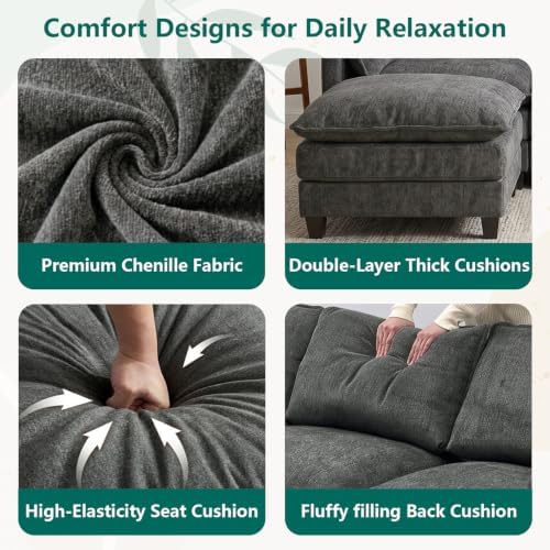 Modular Sectional Sofa, 95" U Shaped Couch, Couches for Living Room | Movable Ottomans, High Resilience Foam, 22" Seat Depth, 2 Layer Cushions, Armrest Pillows, Easy Assembly, Chenille, Dark Gray