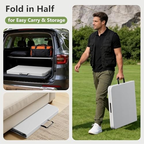 Folding Table and Chairs Set for 3, 4FT Foldable Plastic Table with Carry Handle & 2 Black Folding Chairs, Portable Indoor Outdoor Dining Set for Party, Wedding, Picnic, Camping, Events
