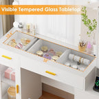 BEWISHOME 49.2" Large Glass Top Vanity Desk with Lighted Mirror and Stool | White Makeup Vanity table with Nightstand,Power Outlet,5 Storage Drawers,3 Lighting Modes,Dressing Table for Bedroom Women