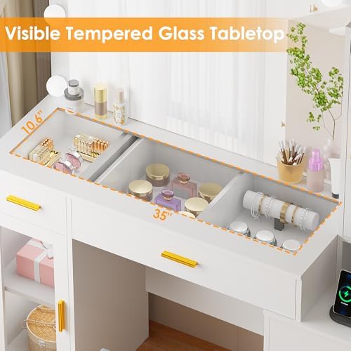 BEWISHOME 49.2" Large Glass Top Vanity Desk with Lighted Mirror and Stool | White Makeup Vanity table with Nightstand,Power Outlet,5 Storage Drawers,3 Lighting Modes,Dressing Table for Bedroom Women