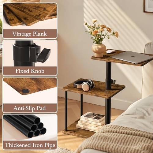 Faesun 360° Swivel Side Table for Height Adjustable, C Shaped End Table for Couch with Storage, 3-Tier Night Stand with Open Shelf, Tv Tray for Small Spaces, Living Room, Bedroom, Rustic Brown