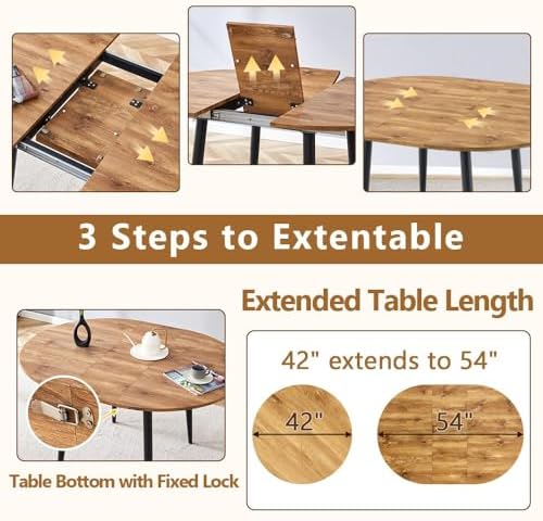 FURNITO Round Dining Table Set for 6, 42"-54" Round to Oval Extendable Table with 6 Suede Upholstered Chairs, Space-Saving Wood Dining Room Table Set for Small Apartments or Kitchens, Easy Assembly