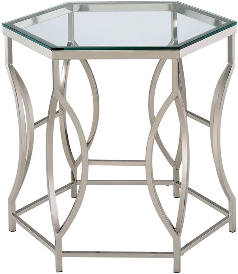 BOWERY HILL Contemporary Metal End Table, Chrome Finish, Hexagon 8mm Tempered Glass Top, Steel Frame with Circular Side Panels, Modern Geometric Design for Living Room
