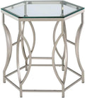 BOWERY HILL Contemporary Metal End Table, Chrome Finish, Hexagon 8mm Tempered Glass Top, Steel Frame with Circular Side Panels, Modern Geometric Design for Living Room