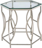 BOWERY HILL Contemporary Metal End Table, Chrome Finish, Hexagon 8mm Tempered Glass Top, Steel Frame with Circular Side Panels, Modern Geometric Design for Living Room