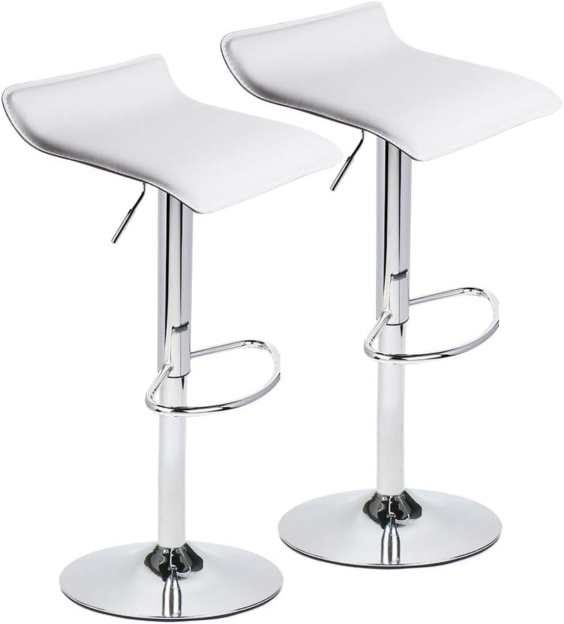 Set of 2 Barstool, Adjustable Swivel Bar Stools with PU Leather and Chrome Base, Gaslift Pub Counter Chairs, White | Swivel, PU Leather, Chrome Base, Gas Lift, Ideal for Kitchen, Home Bar, Pub, Kitchen Island