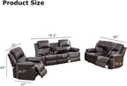 Manual Reclining Couch Sofa Set with Drop-Down Table, 3 Pieces Brown Leather Recliner Couch Sets, Living Room Furniture Sets, Recliner Sofa with Storage Console/Cup Holder for Home/Apartment