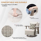 Joyside Outdoor 360° Swivel Rocker Patio Chairs Sets of 2 and Matching Side Table - 3 Piece Wicker Patio Bistro Set with Premium Fabric Cushion(Grey/Beige)