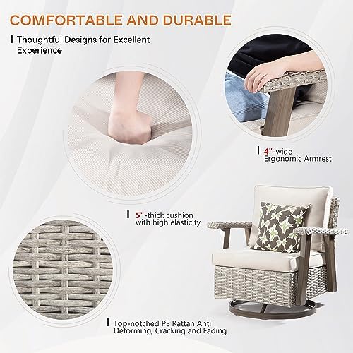 Joyside Outdoor 360° Swivel Rocker Patio Chairs Sets of 2 and Matching Side Table - 3 Piece Wicker Patio Bistro Set with Premium Fabric Cushion(Grey/Beige)